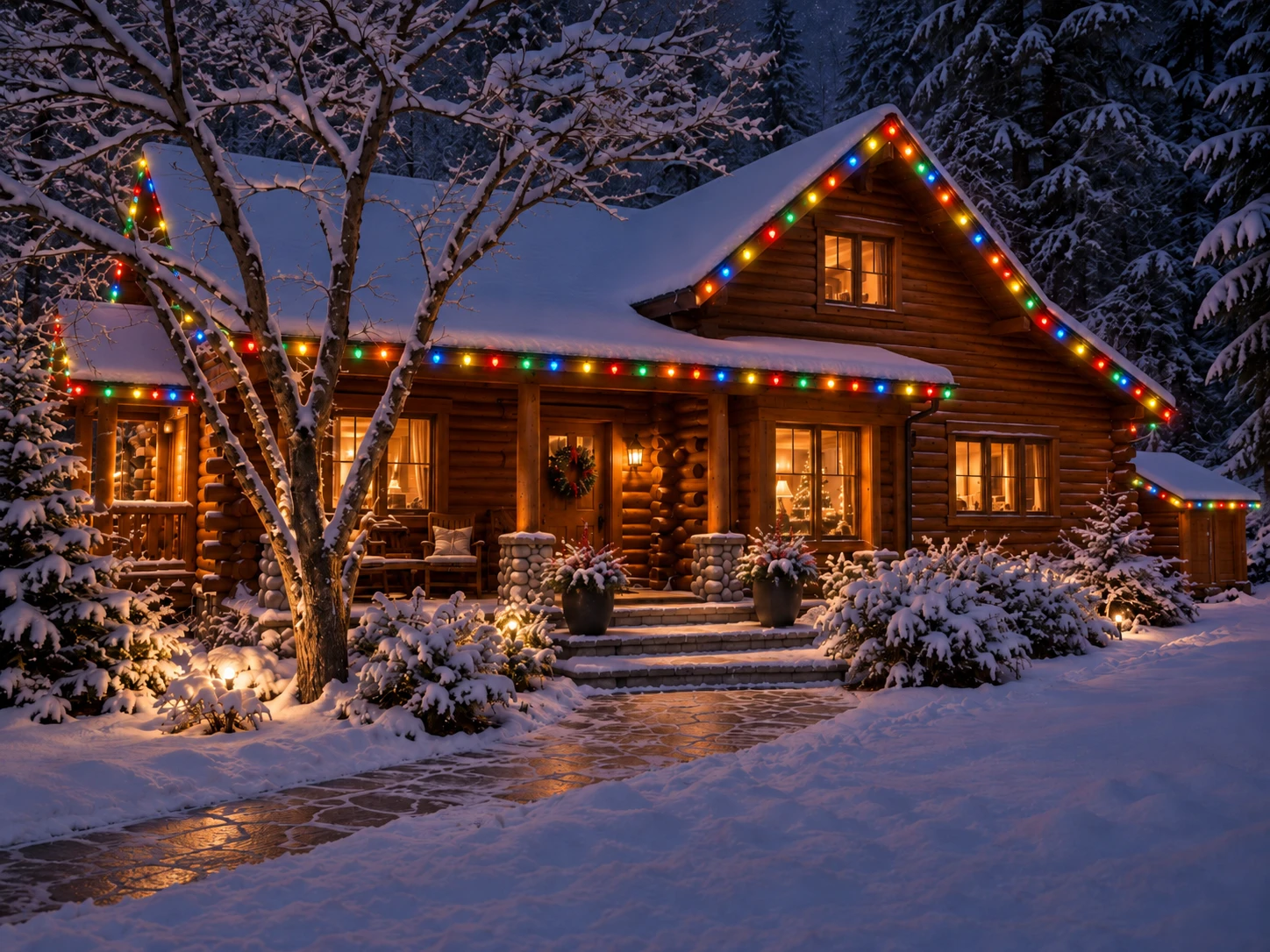 Log home with multi-color C9 lights along the roofline