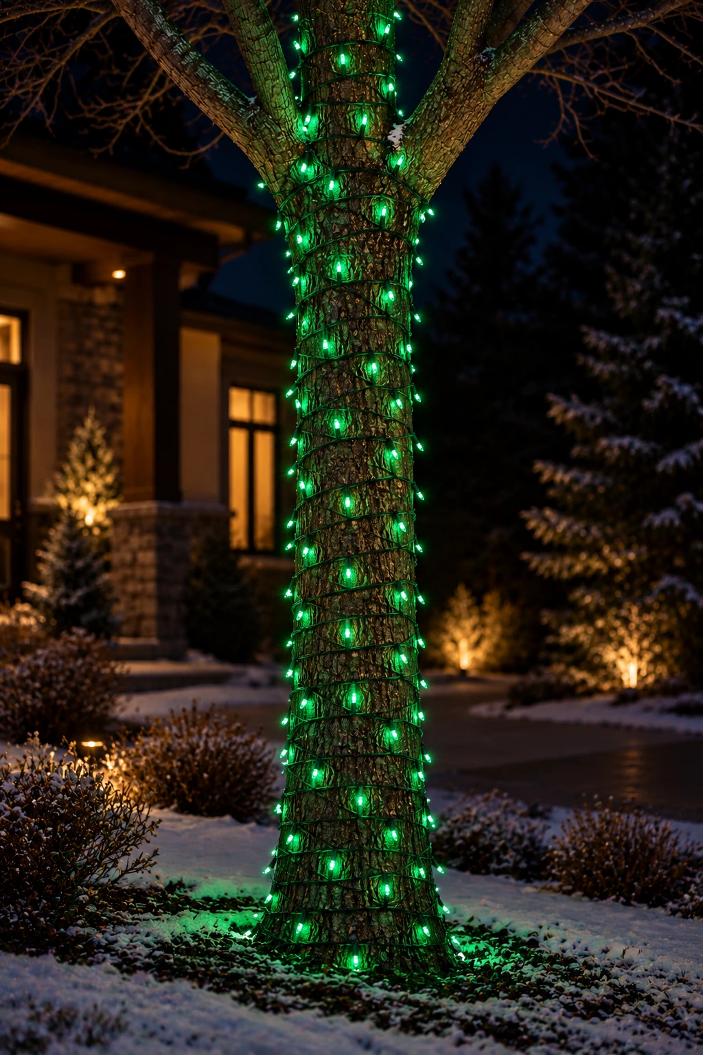Tree trunk wrapped in green mini lights