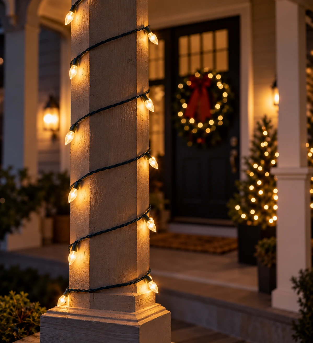 Porch post with spaced spaced warm white light wraps