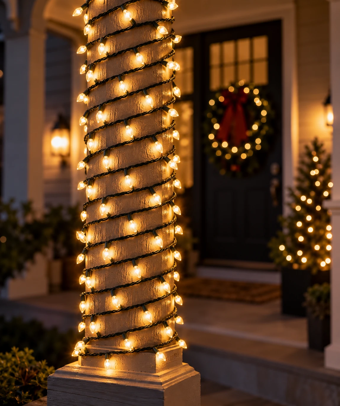 Porch post with tight spaced warm white light wraps